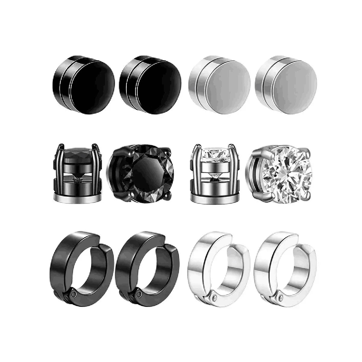 1-10 pairs of men's fashionable ear hole free magnet zircon stainless steel false earring set