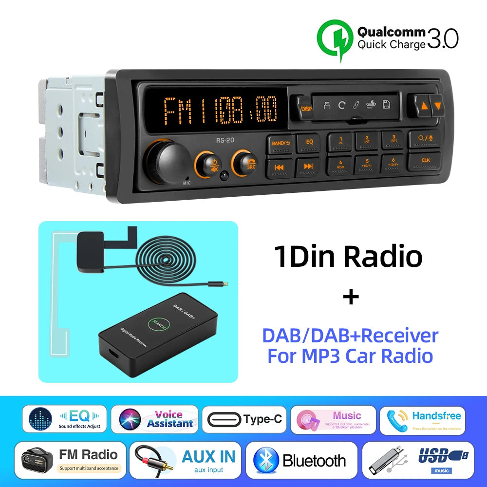 1 Din MP3 Retro Style Car Radio Bluetooth AUX FM AM RDS EQ QC3.0 Voice Control 12V Multimedia Stereo Head Unit USB TF Player