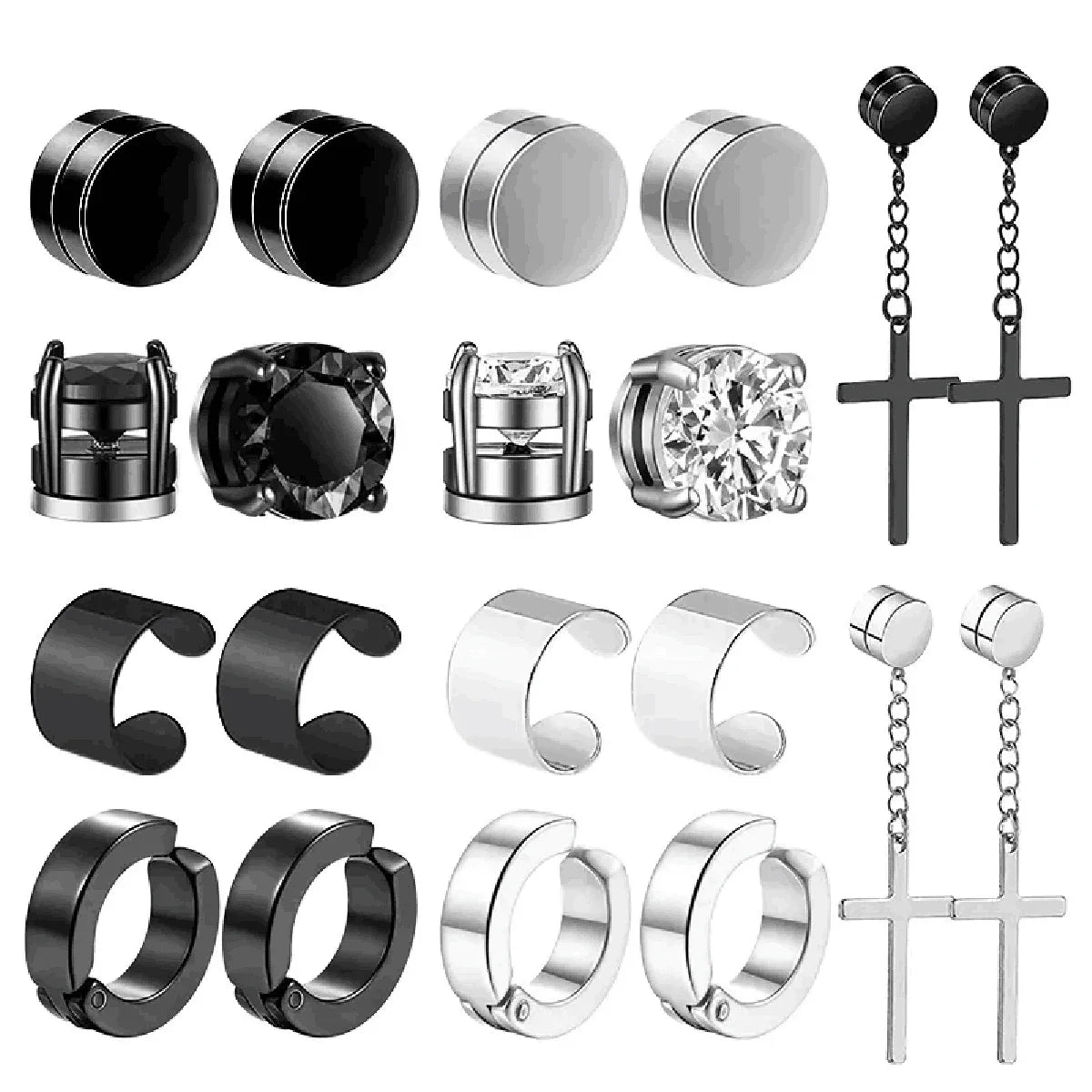 1-10 pairs of men's fashionable ear hole free magnet zircon stainless steel false earring set