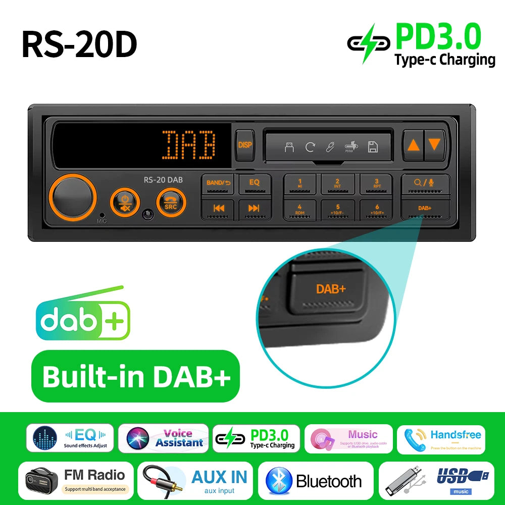 1 Din MP3 Retro Style Car Radio Bluetooth AUX FM AM RDS EQ QC3.0 Voice Control 12V Multimedia Stereo Head Unit USB TF Player