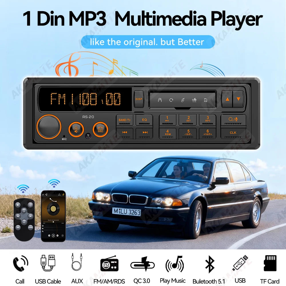 1 Din MP3 Retro Style Car Radio Bluetooth AUX FM AM RDS EQ QC3.0 Voice Control 12V Multimedia Stereo Head Unit USB TF Player