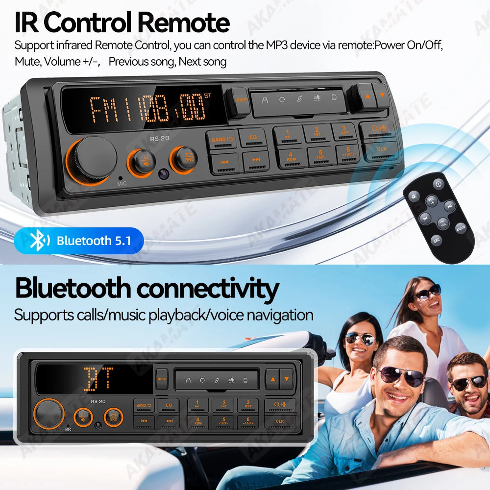 1 Din MP3 Retro Style Car Radio Bluetooth AUX FM AM RDS EQ QC3.0 Voice Control 12V Multimedia Stereo Head Unit USB TF Player