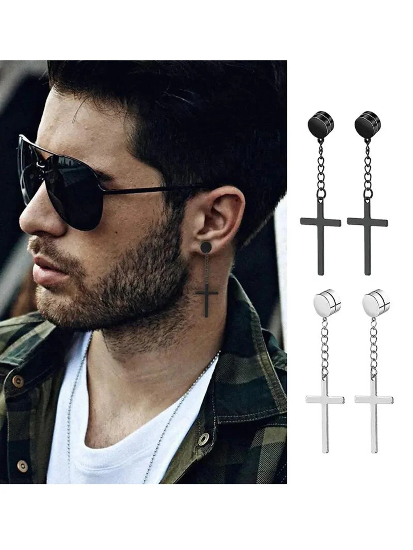 1-10 pairs of men's fashionable ear hole free magnet zircon stainless steel false earring set