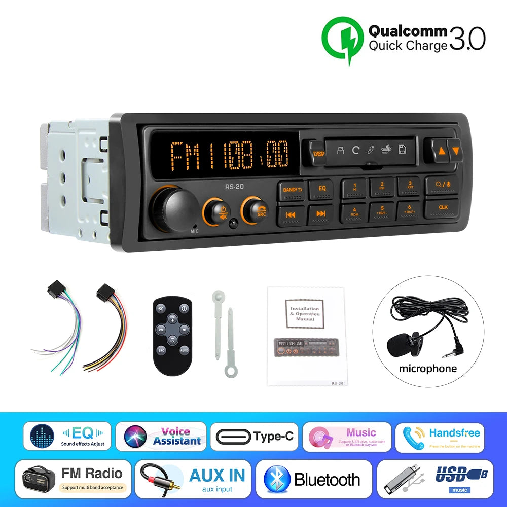 1 Din MP3 Retro Style Car Radio Bluetooth AUX FM AM RDS EQ QC3.0 Voice Control 12V Multimedia Stereo Head Unit USB TF Player