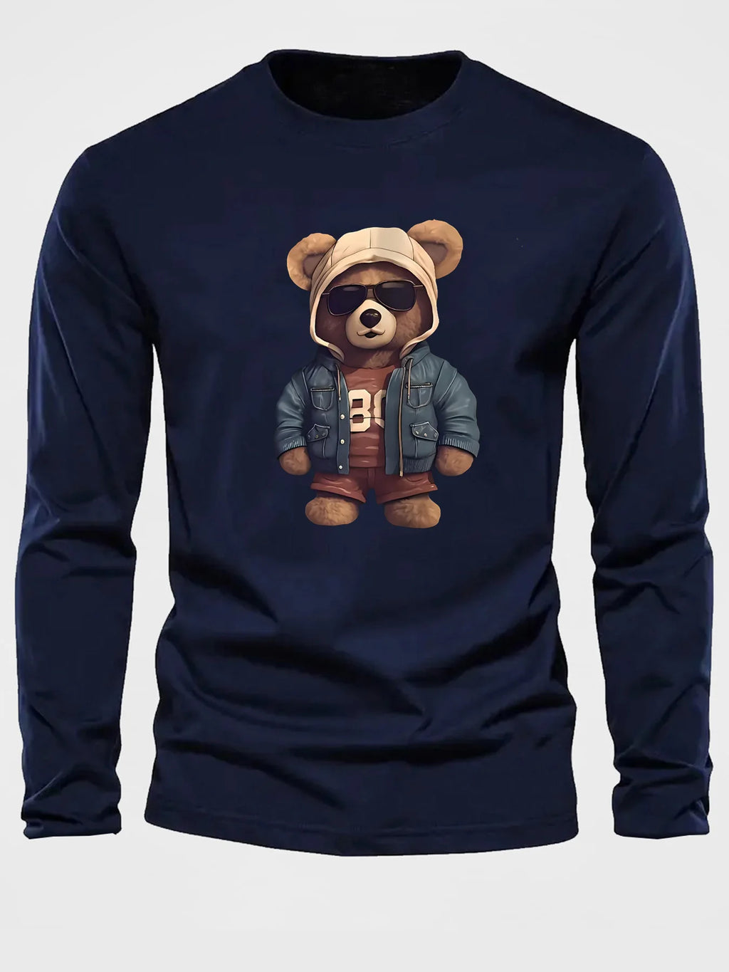 100 cotton men's casual long sleeved round neck loose bear pattern printed autumn and winter T-shirt top versatile
