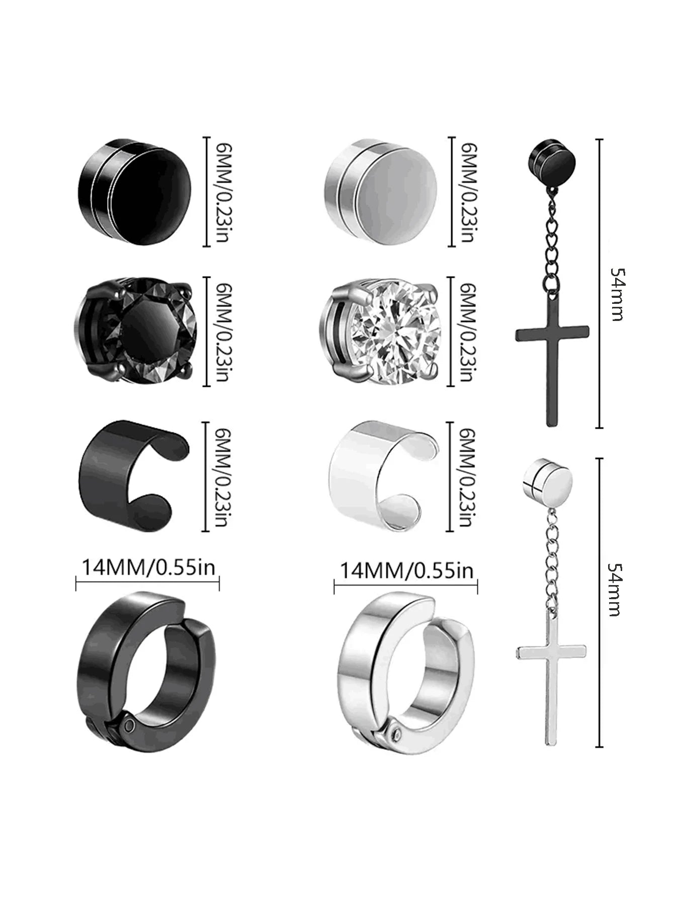 1-10 pairs of men's fashionable ear hole free magnet zircon stainless steel false earring set