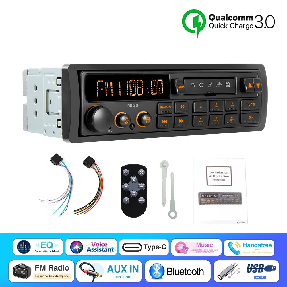 1 Din MP3 Retro Style Car Radio Bluetooth AUX FM AM RDS EQ QC3.0 Voice Control 12V Multimedia Stereo Head Unit USB TF Player