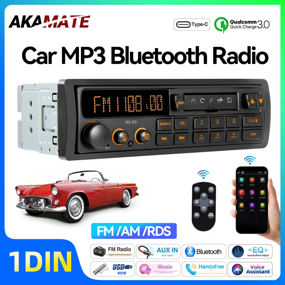 1 Din MP3 Retro Style Car Radio Bluetooth AUX FM AM RDS EQ QC3.0 Voice Control 12V Multimedia Stereo Head Unit USB TF Player