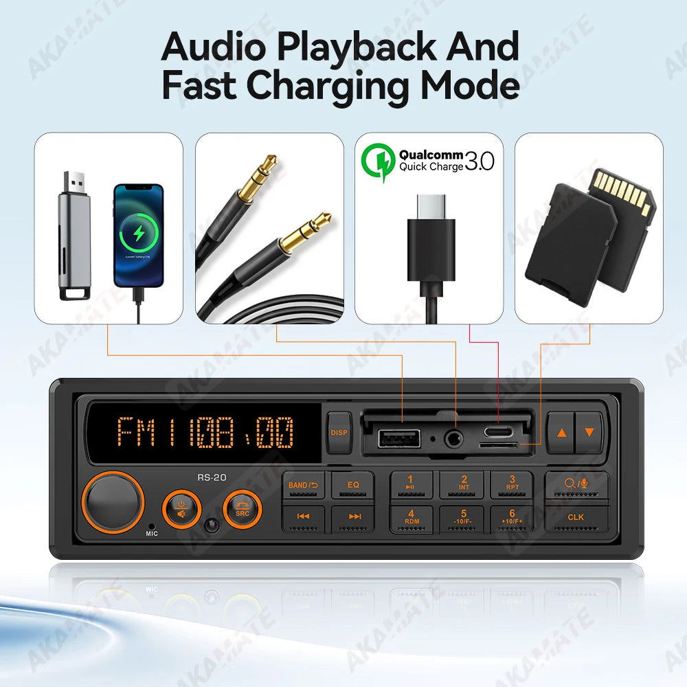 1 Din MP3 Retro Style Car Radio Bluetooth AUX FM AM RDS EQ QC3.0 Voice Control 12V Multimedia Stereo Head Unit USB TF Player