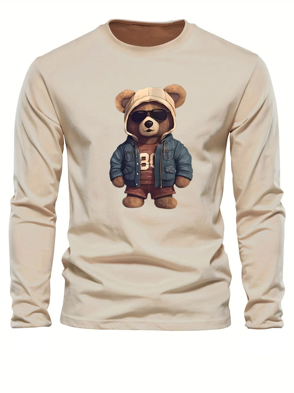 100 cotton men's casual long sleeved round neck loose bear pattern printed autumn and winter T-shirt top versatile